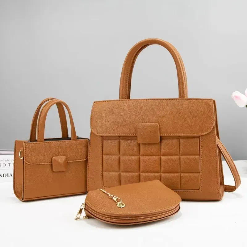 Women Fashion Solid Color Mini Handbag Semi-Round Zipper Wallet Rhombic Square Large Capacity Handbag Three-Piece Set
