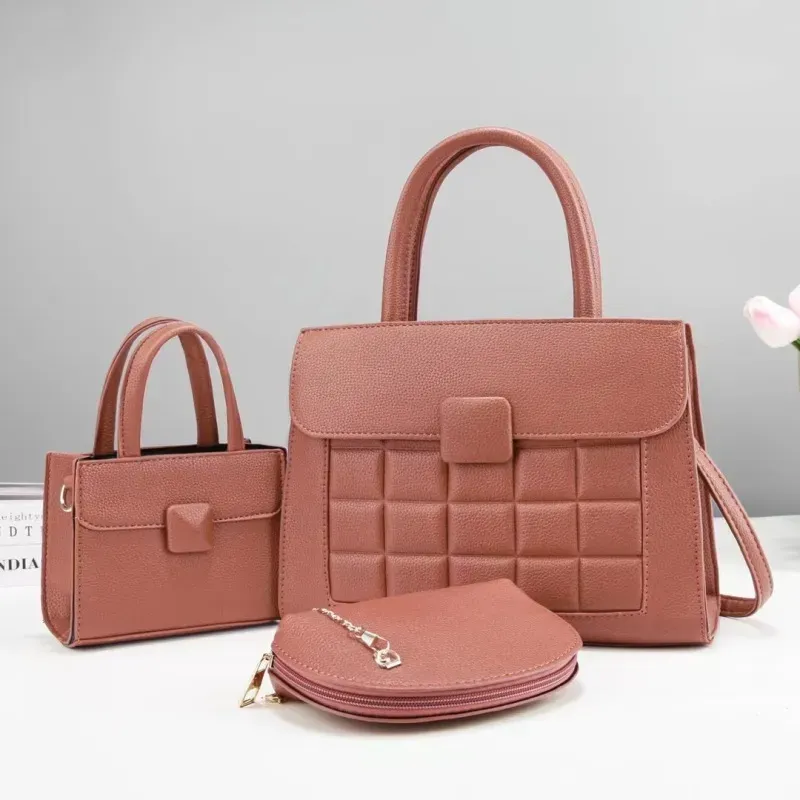 Women Fashion Solid Color Mini Handbag Semi-Round Zipper Wallet Rhombic Square Large Capacity Handbag Three-Piece Set - Image 5