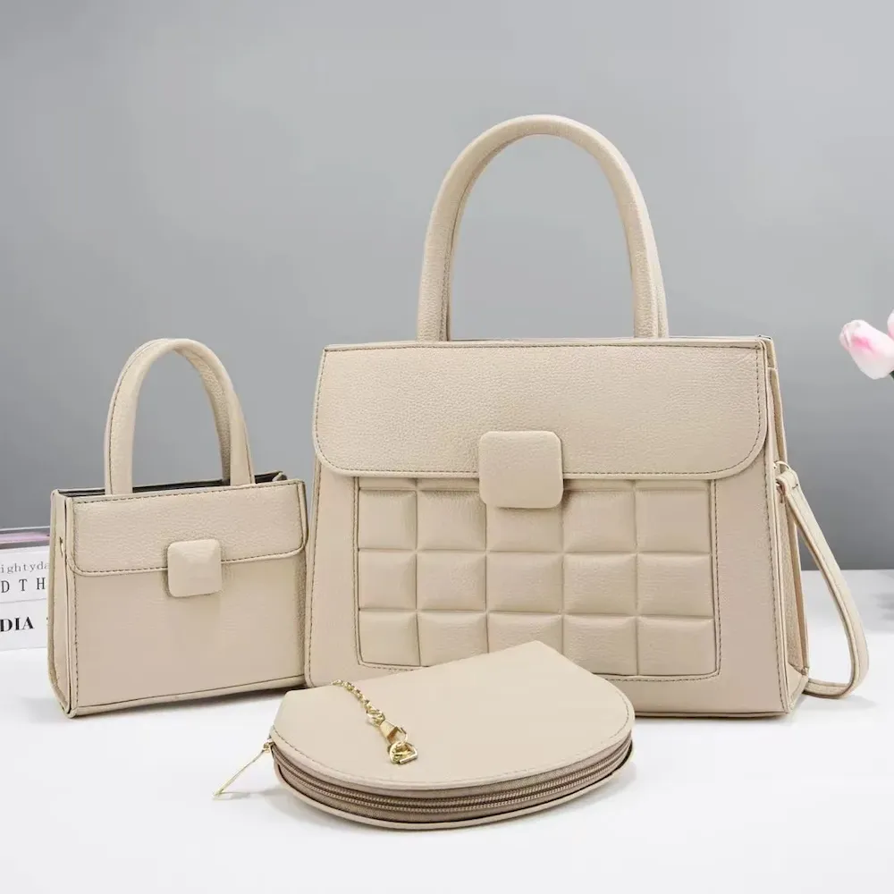 Women Fashion Solid Color Mini Handbag Semi-Round Zipper Wallet Rhombic Square Large Capacity Handbag Three-Piece Set - Image 8