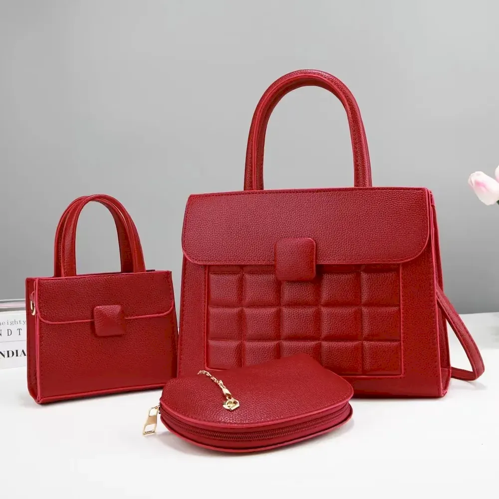 Women Fashion Solid Color Mini Handbag Semi-Round Zipper Wallet Rhombic Square Large Capacity Handbag Three-Piece Set - Image 9