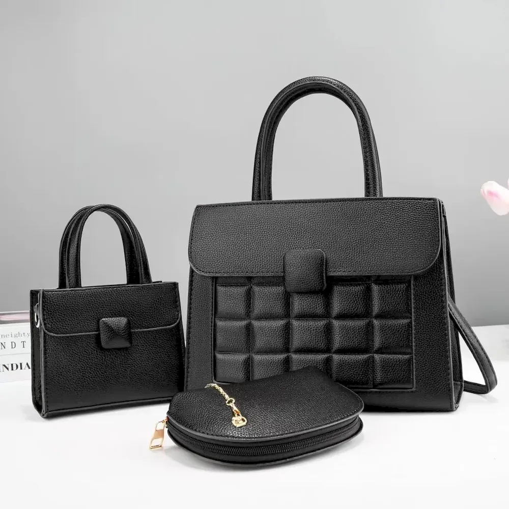 Women Fashion Solid Color Mini Handbag Semi-Round Zipper Wallet Rhombic Square Large Capacity Handbag Three-Piece Set - Image 12
