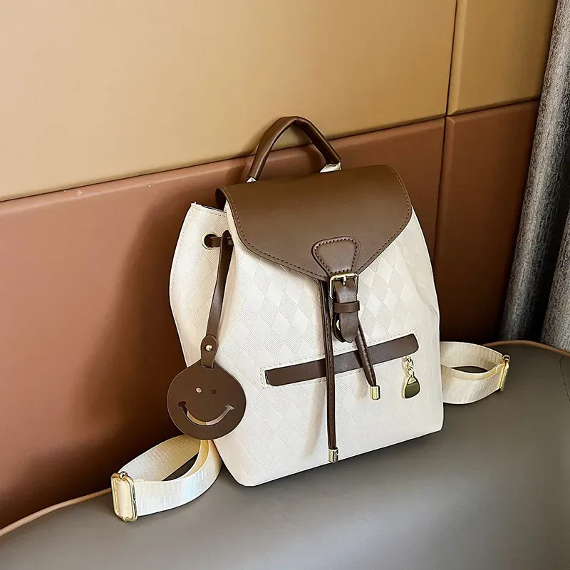 Women Fashion Rhombic Printed Smiley Face Pendant Large Capacity Backpack