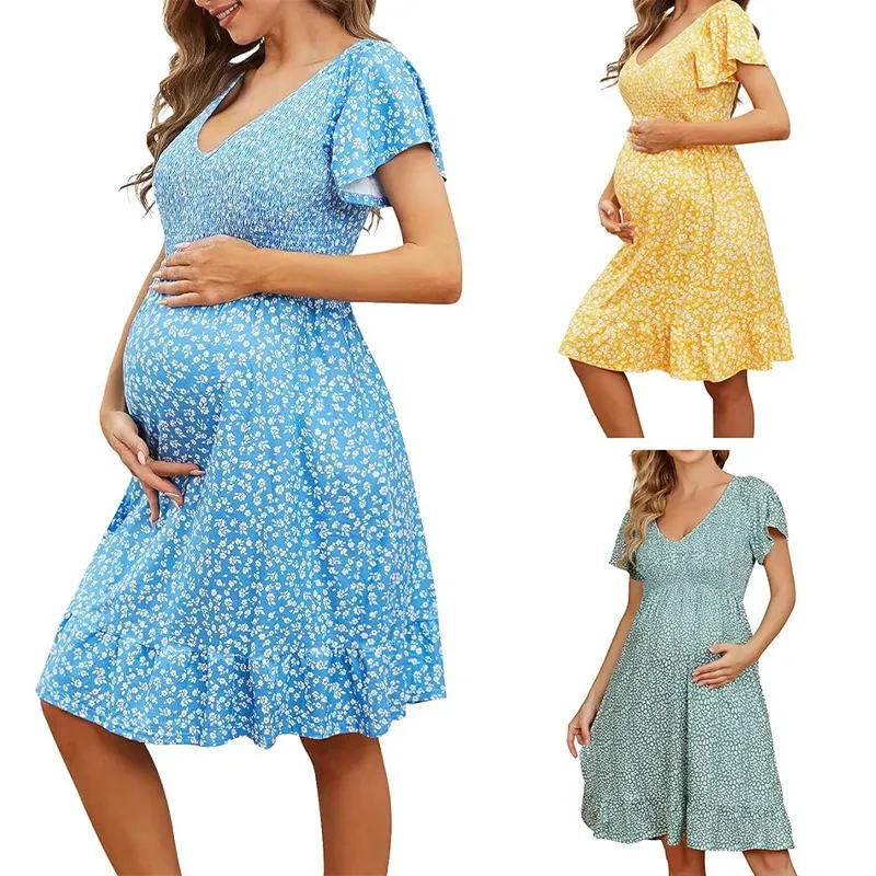 Summer Pregnant Women Fashion Casual V-Neck Floral Print Short Sleeve Loose Dress - Image 2