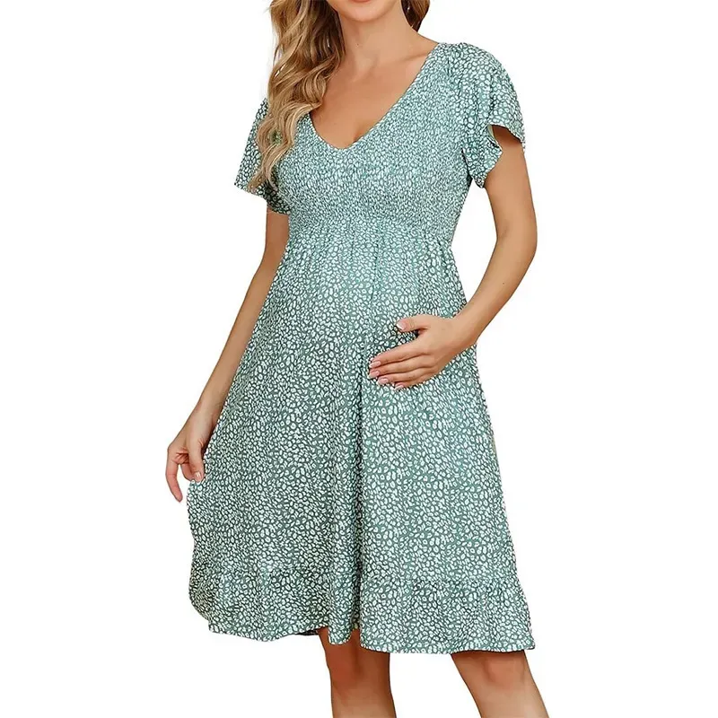 Summer Pregnant Women Fashion Casual V-Neck Floral Print Short Sleeve Loose Dress - Image 5