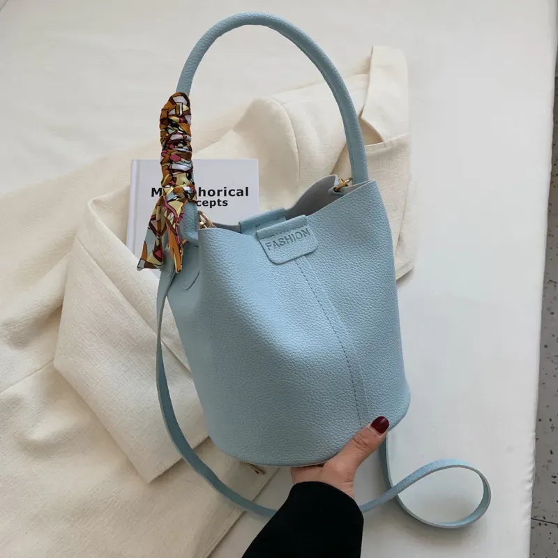 Women Fashion Large Capacity Silk Scarf Decorative Bucket Handle Shoulder Bag - Image 2