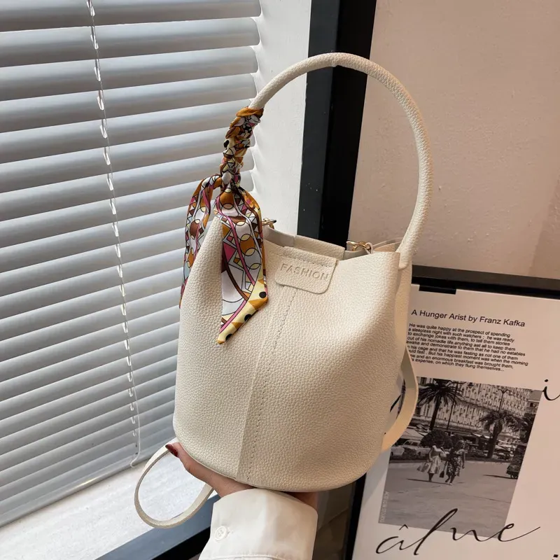 Women Fashion Large Capacity Silk Scarf Decorative Bucket Handle Shoulder Bag - Image 3