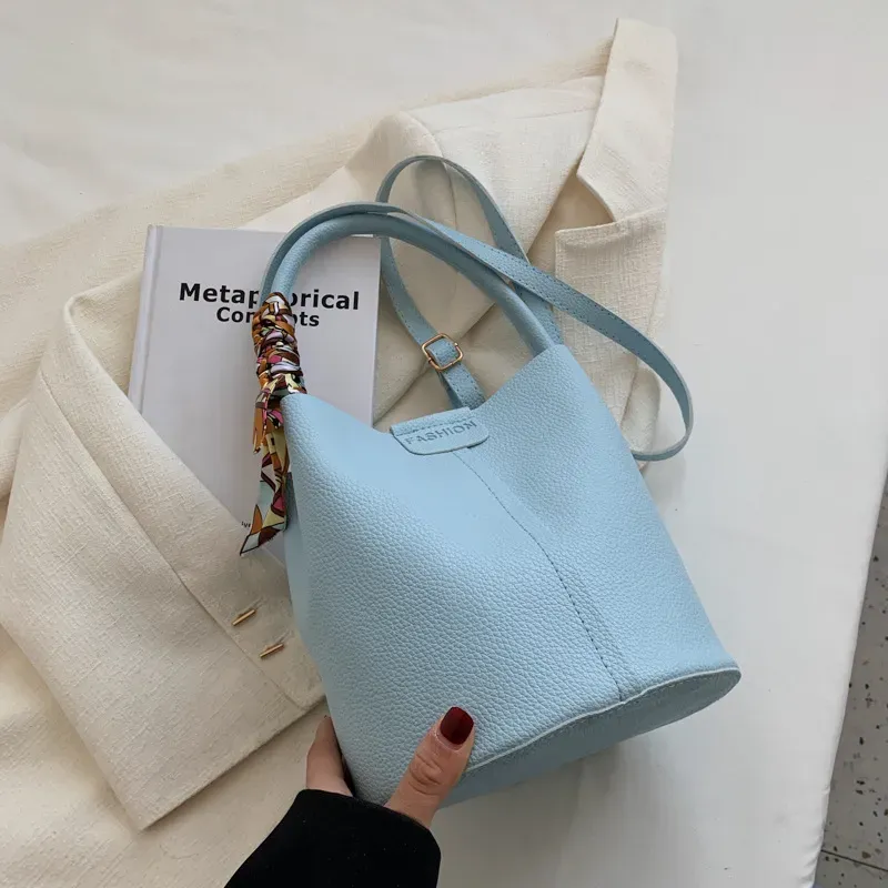 Women Fashion Large Capacity Silk Scarf Decorative Bucket Handle Shoulder Bag - Image 7