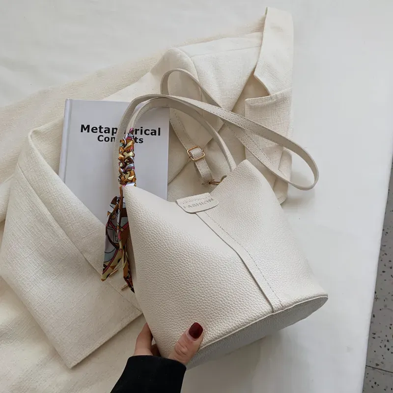 Women Fashion Large Capacity Silk Scarf Decorative Bucket Handle Shoulder Bag - Image 9