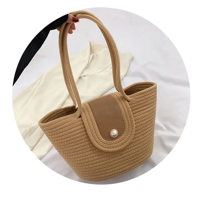 Women Fashionable Simple Pearl Flap Straw Woven Large Capacity Tote Bag - Image 5