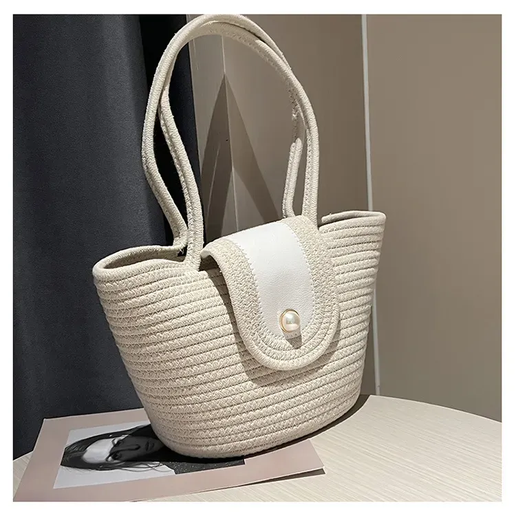 Women Fashionable Simple Pearl Flap Straw Woven Large Capacity Tote Bag - Image 6
