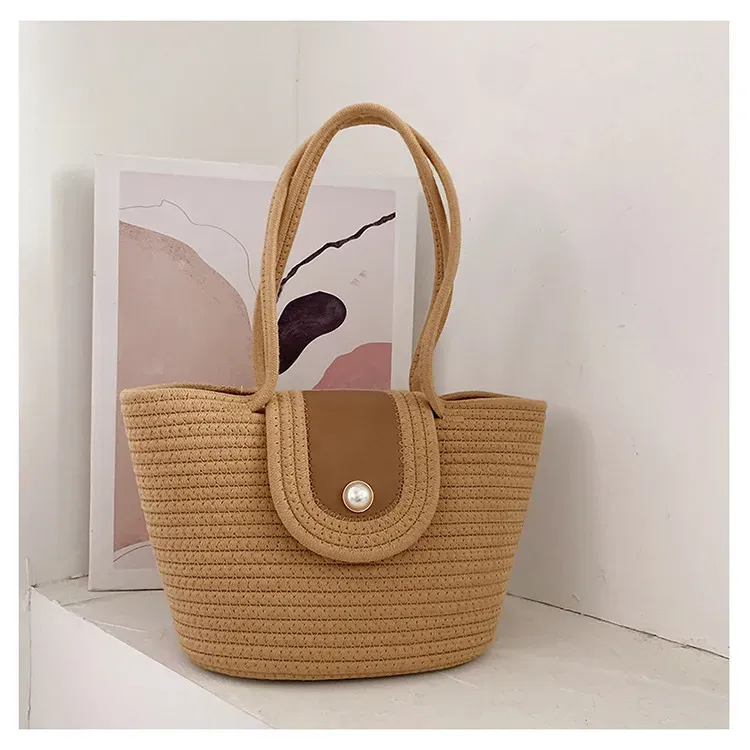 Women Fashionable Simple Pearl Flap Straw Woven Large Capacity Tote Bag - Image 7