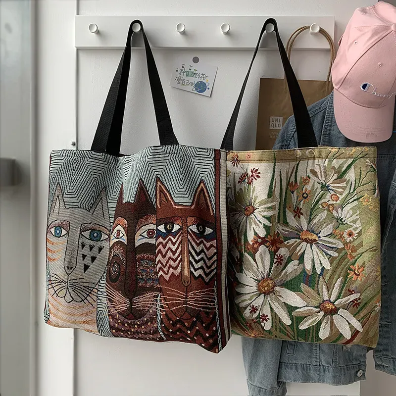 Women Fashion Cartoon Cat Animal Print Large Capacity Canvas Tote Bag
