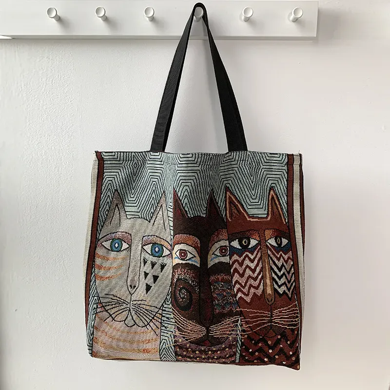 Women Fashion Cartoon Cat Animal Print Large Capacity Canvas Tote Bag - Image 6