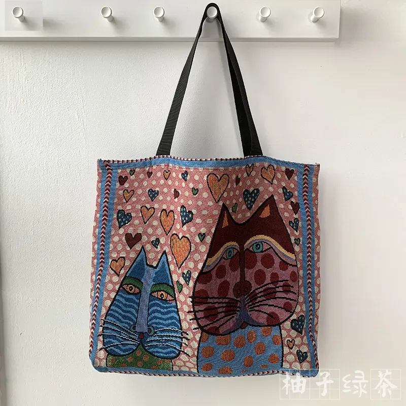Women Fashion Cartoon Cat Animal Print Large Capacity Canvas Tote Bag - Image 8