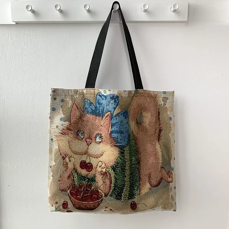 Women Fashion Cartoon Cat Animal Print Large Capacity Canvas Tote Bag - Image 10