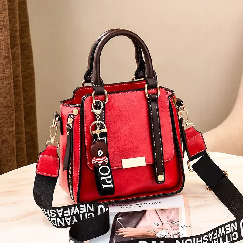 Women Vintage Simple Letter Wide Strap Bear Pendant Large Capacity Handle Bag