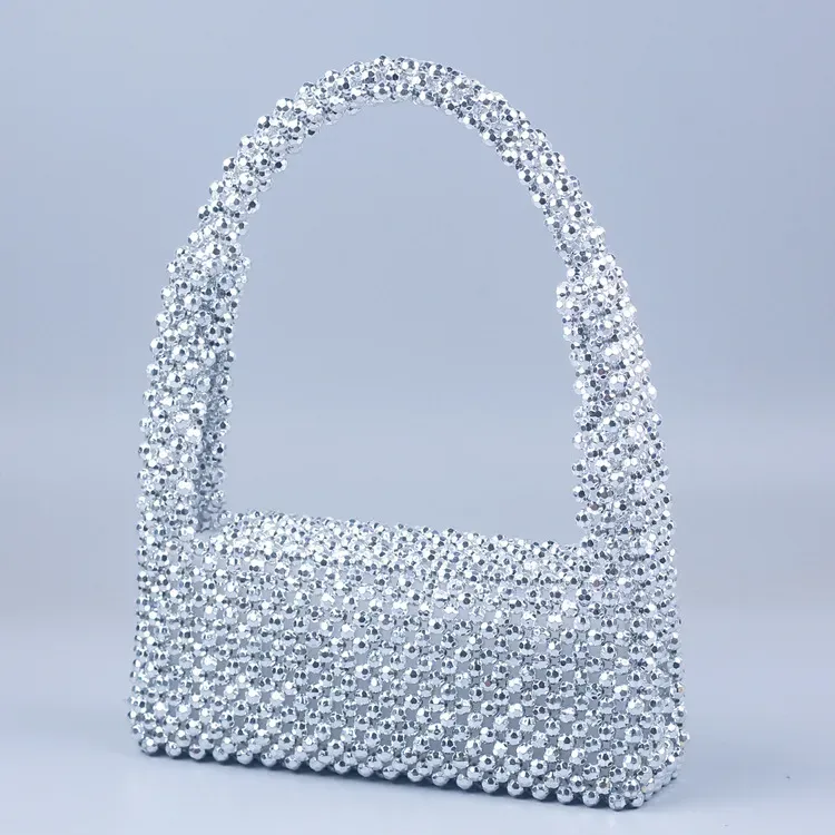 Women Fashion Lattice Silver Beaded Acrylic Handmade Beaded Handle Evening Bag - Image 3