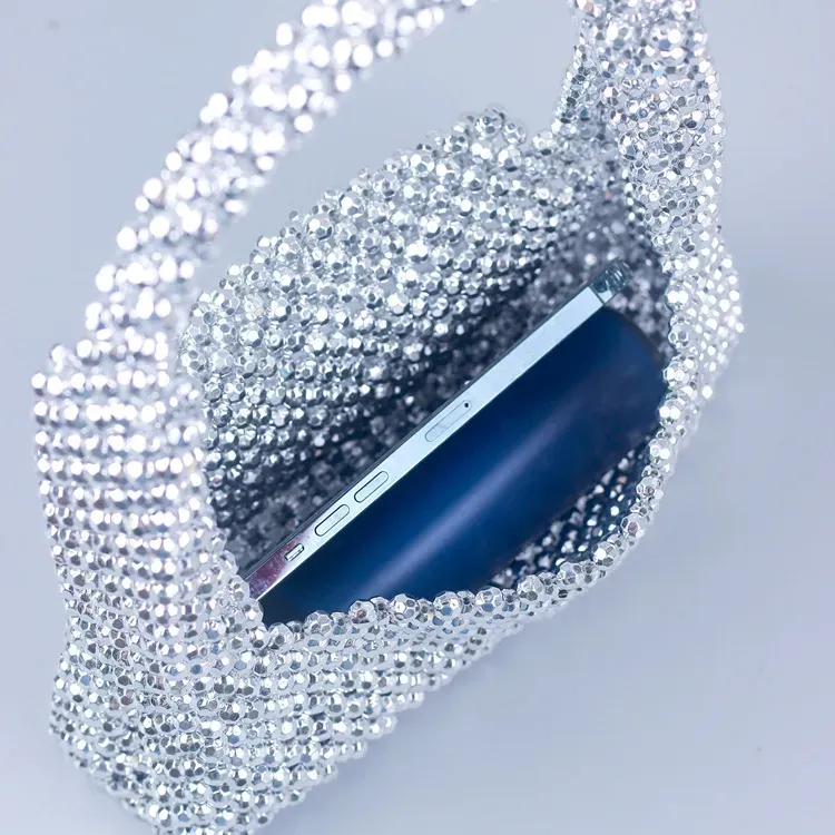 Women Fashion Lattice Silver Beaded Acrylic Handmade Beaded Handle Evening Bag - Image 4