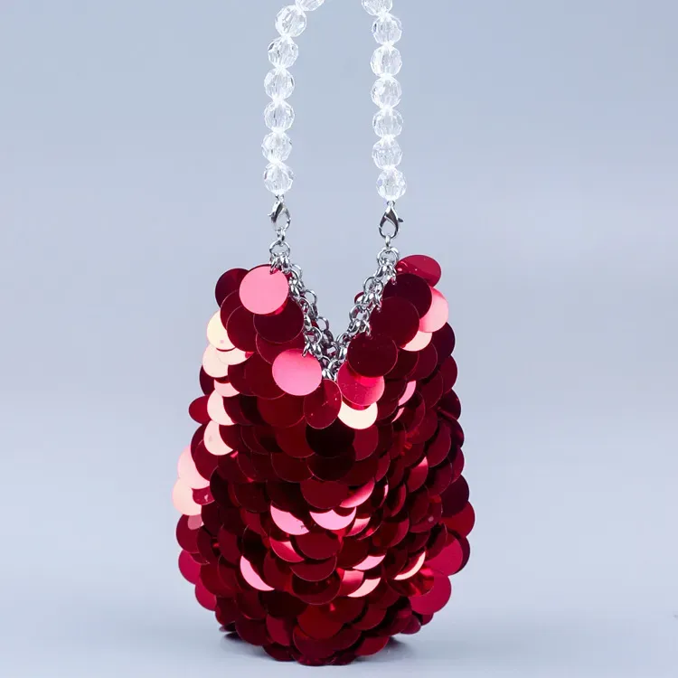 Women Fashion Red Sequin Transparent Beaded Handle Evening Bag - Image 5