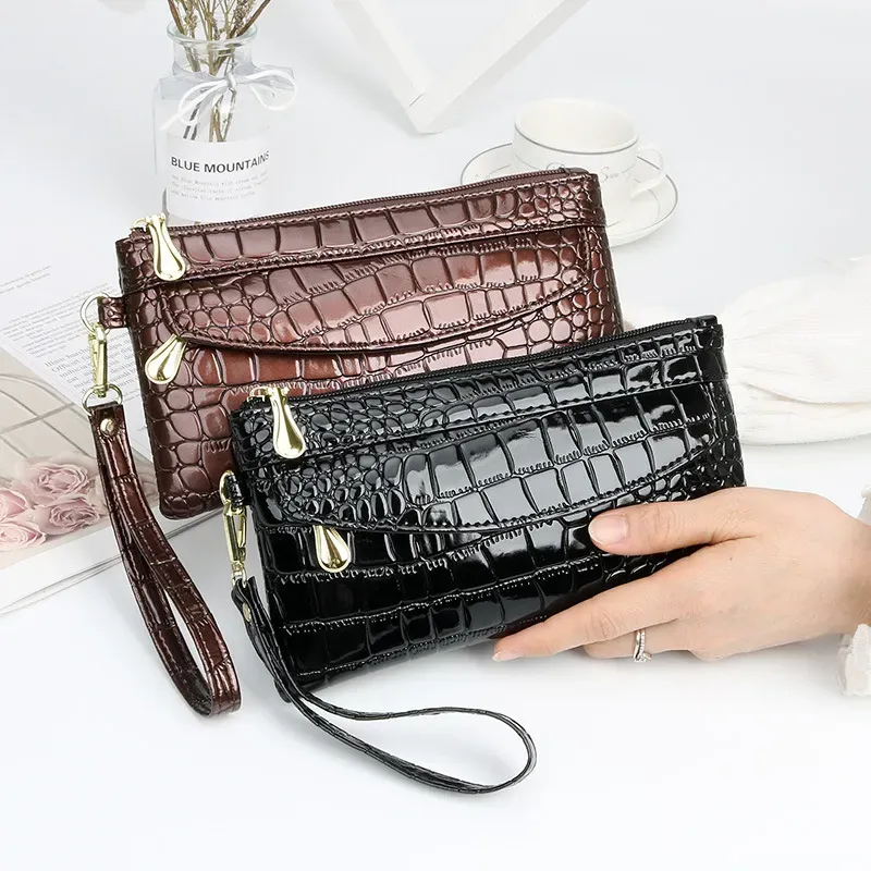 Women Fashion Casual Bright Crocodile Long Purses - Image 3
