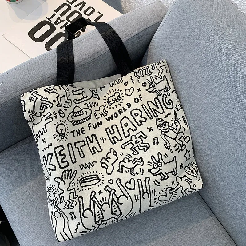 Women Simple Cute Cat Line Print Large Capacity Canvas Tote Bag - Image 3