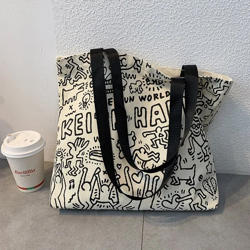 Women Simple Cute Cat Line Print Large Capacity Canvas Tote Bag - Image 5