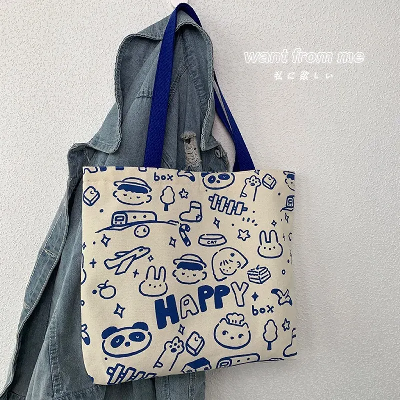 Women Simple Cute Cat Line Print Large Capacity Canvas Tote Bag - Image 6