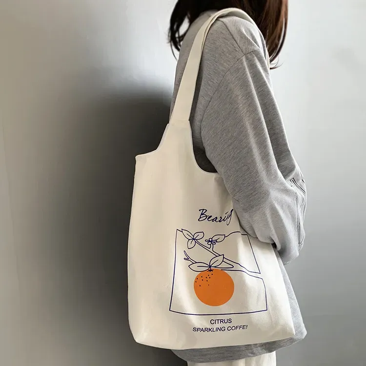 Women Cartoon Cute Orange Floral Print Large Capacity Canvas Tote Bag