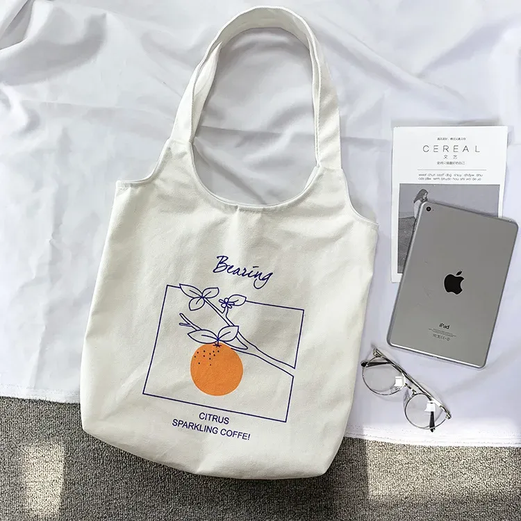 Women Cartoon Cute Orange Floral Print Large Capacity Canvas Tote Bag - Image 3