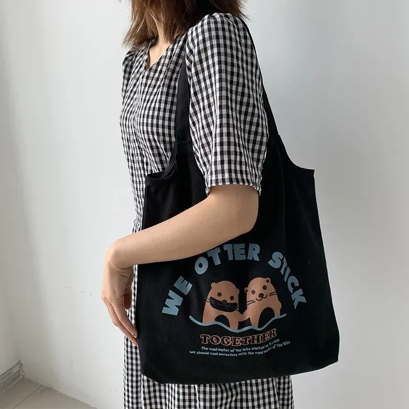 Women Cartoon Cute Orange Floral Print Large Capacity Canvas Tote Bag - Image 13