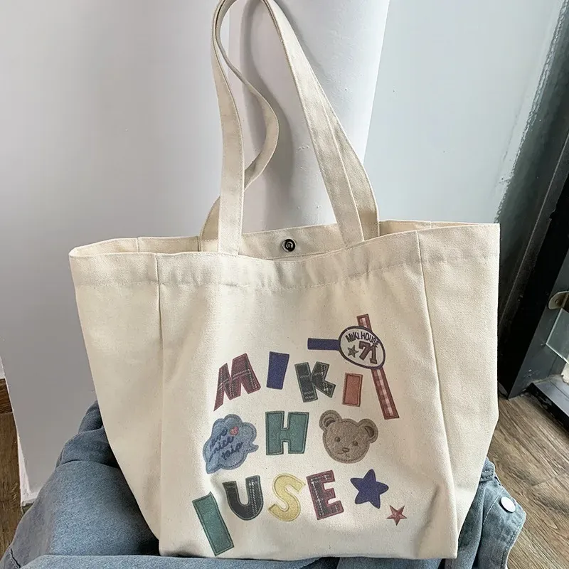 Women Cute Letter Bear Print Large Capacity Canvas Tote Bag - Image 3