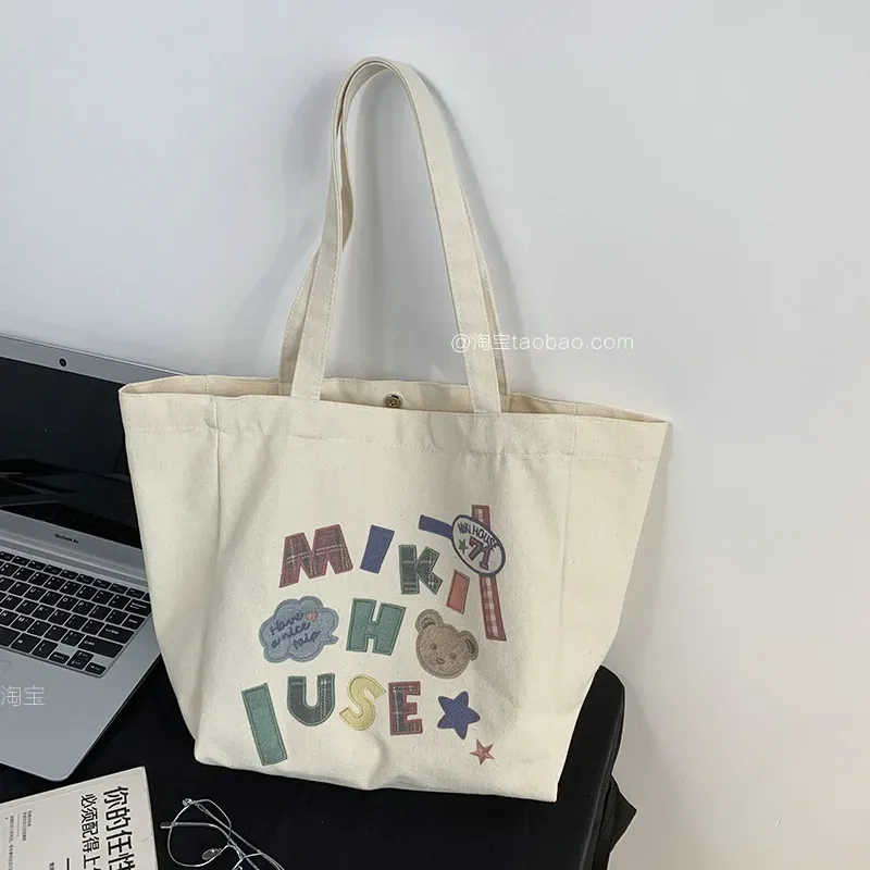 Women Cute Letter Bear Print Large Capacity Canvas Tote Bag - Image 5