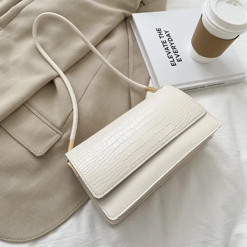 Women Simple Solid Crocodile-Print Square Flap One-Shoulder Underarm Bag - Image 6