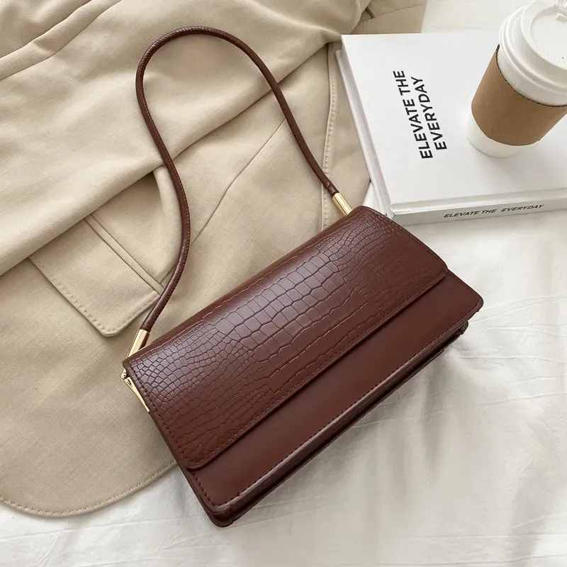Women Simple Solid Crocodile-Print Square Flap One-Shoulder Underarm Bag - Image 9