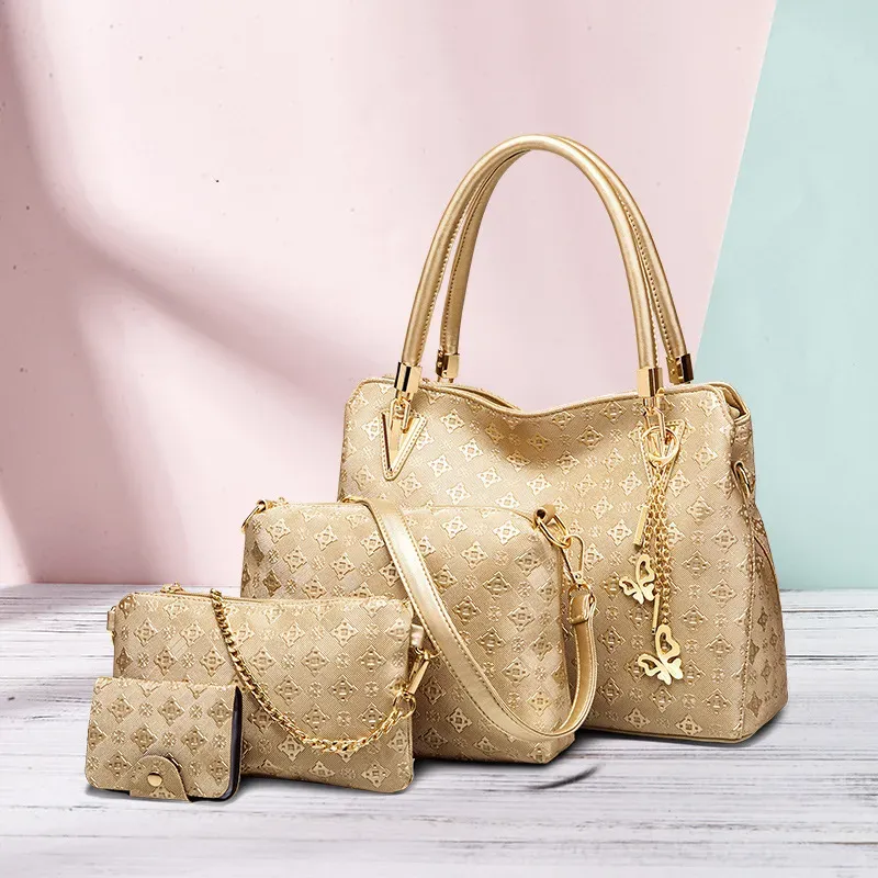 Women Fashion Floral Embossed Butterfly Metal Pendant Handbag Wallet Shoulder Bag Four-Piece Set - Image 2