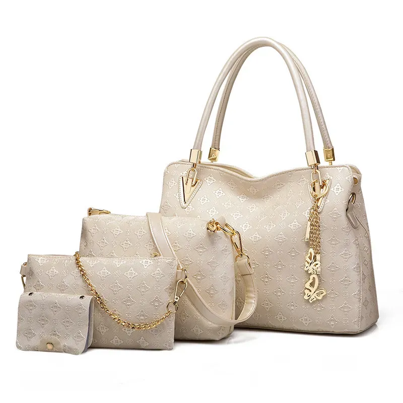 Women Fashion Floral Embossed Butterfly Metal Pendant Handbag Wallet Shoulder Bag Four-Piece Set - Image 3