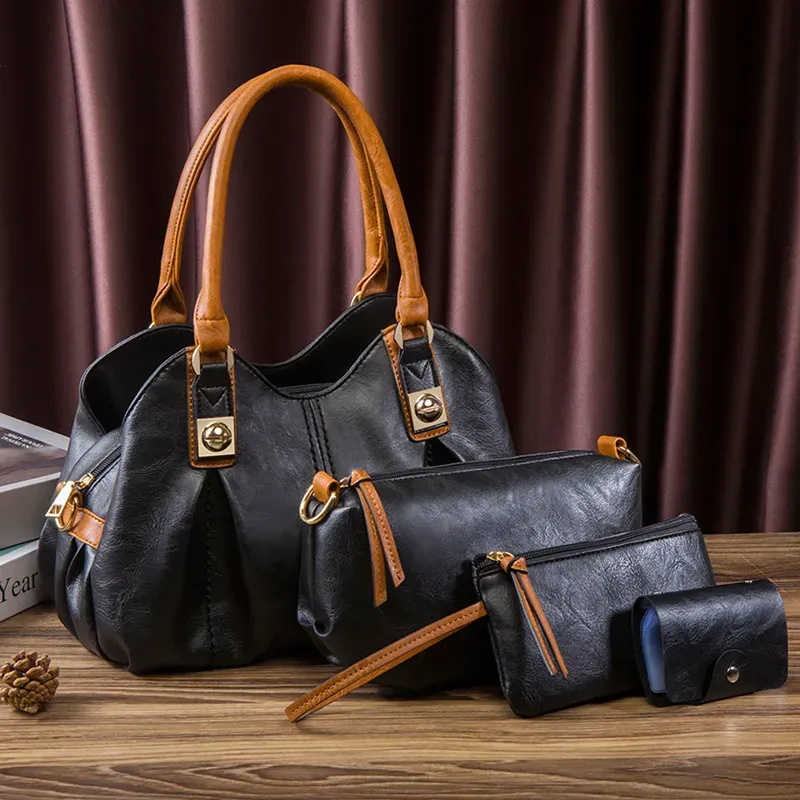 Women Fashion Retro Solid Color Large Capacity PU Wallet Handle Shoulder Bag Four-Piece Set - Image 3