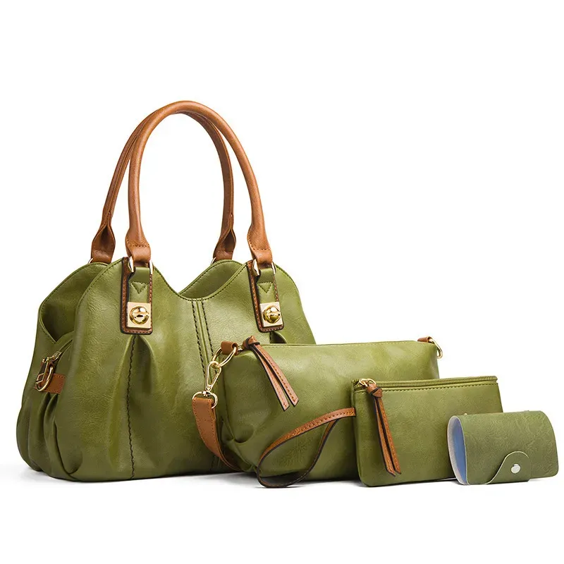 Women Fashion Retro Solid Color Large Capacity PU Wallet Handle Shoulder Bag Four-Piece Set - Image 4