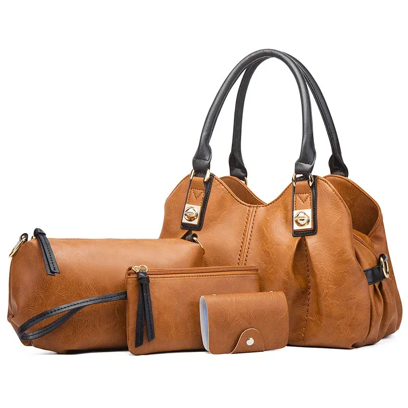 Women Fashion Retro Solid Color Large Capacity PU Wallet Handle Shoulder Bag Four-Piece Set - Image 5