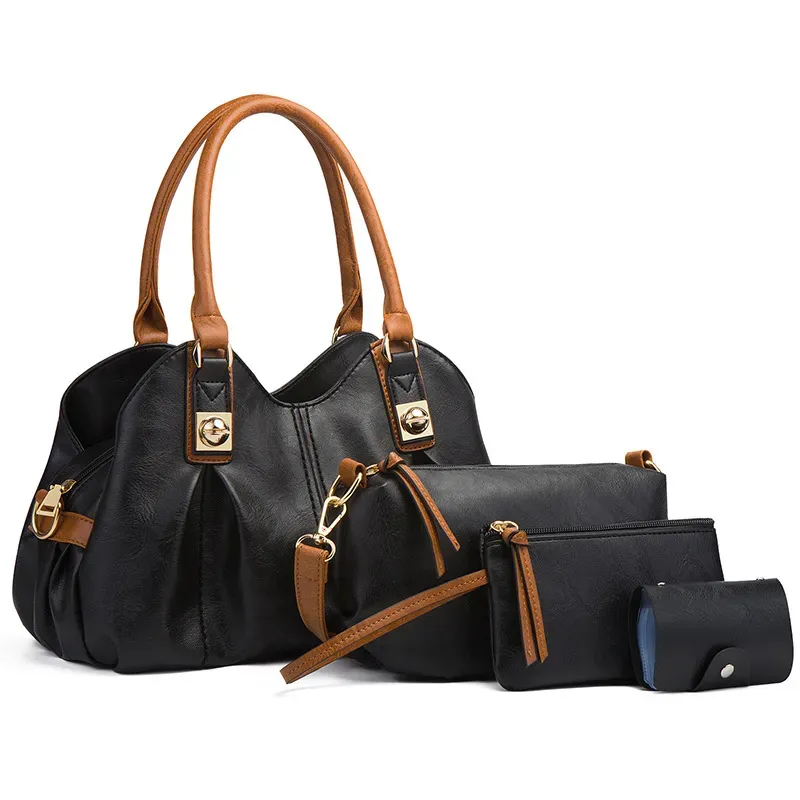 Women Fashion Retro Solid Color Large Capacity PU Wallet Handle Shoulder Bag Four-Piece Set - Image 7