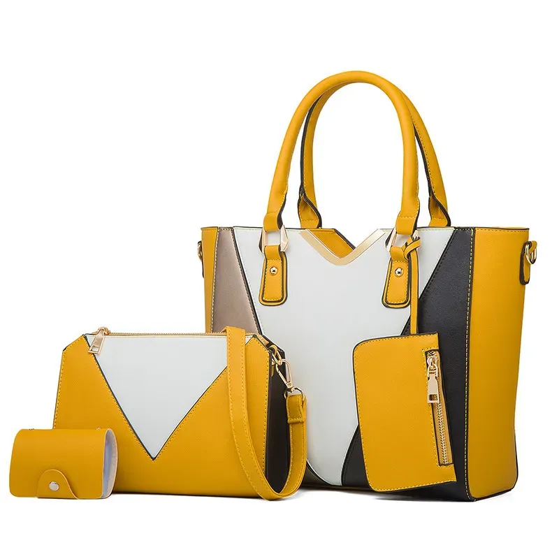 Women Fashionable Simple Large Capacity Color Block Wallet Handle Shoulder Bag Four-Piece Set - Image 3