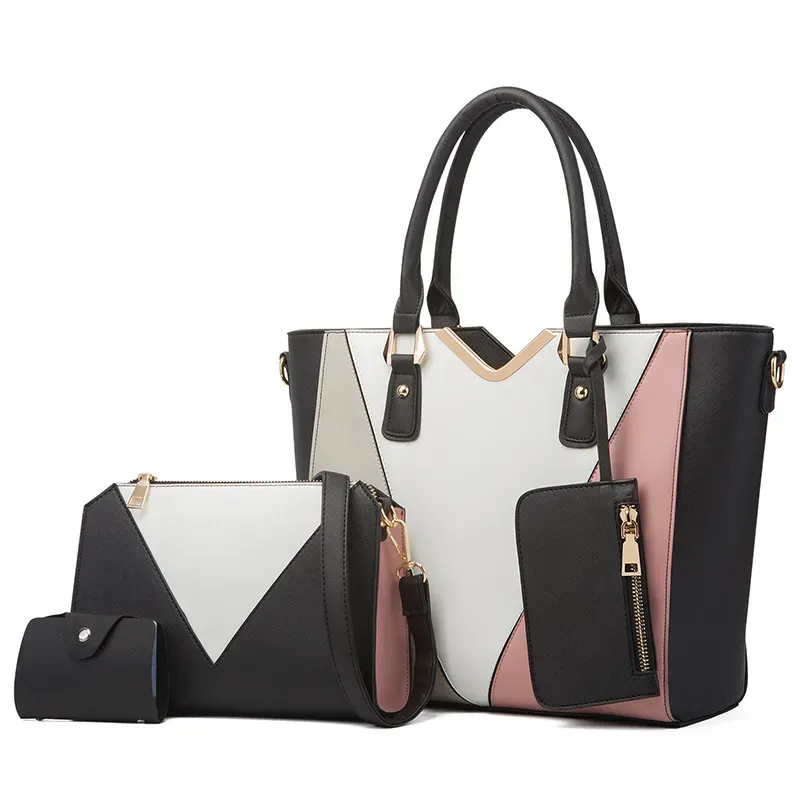 Women Fashionable Simple Large Capacity Color Block Wallet Handle Shoulder Bag Four-Piece Set - Image 6