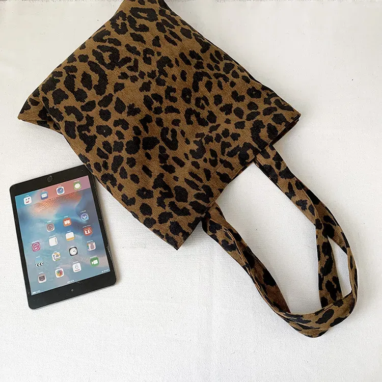 Women Fashion Corduroy Leopard Print Large Capacity Canvas Tote Bag - Image 7