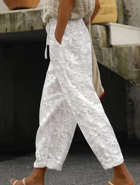 Summer Floral Embroidered Lace-Up Casual Women Crop Pants - Image 6