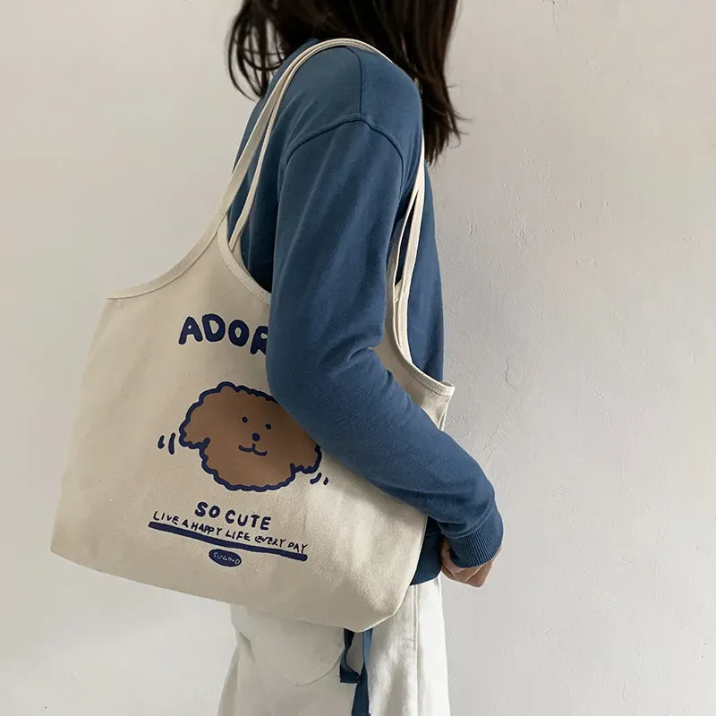Women Cartoon Cute Letter Bear Printed Large Capacity Canvas Tote Bag - Image 4