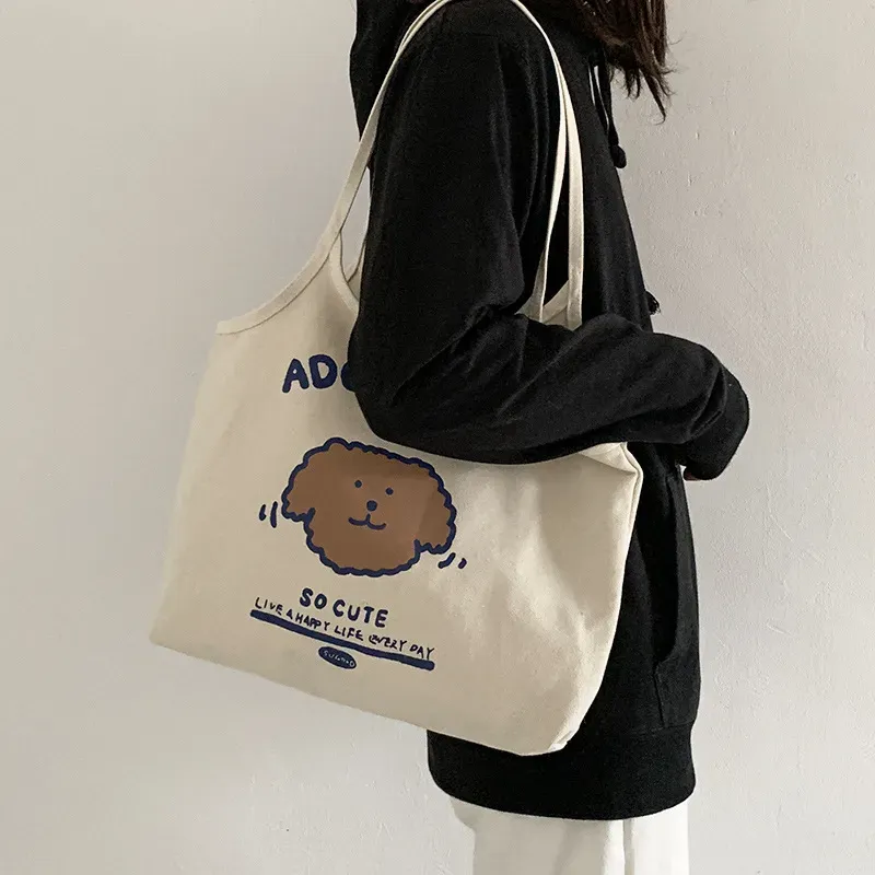 Women Cartoon Cute Letter Bear Printed Large Capacity Canvas Tote Bag - Image 6