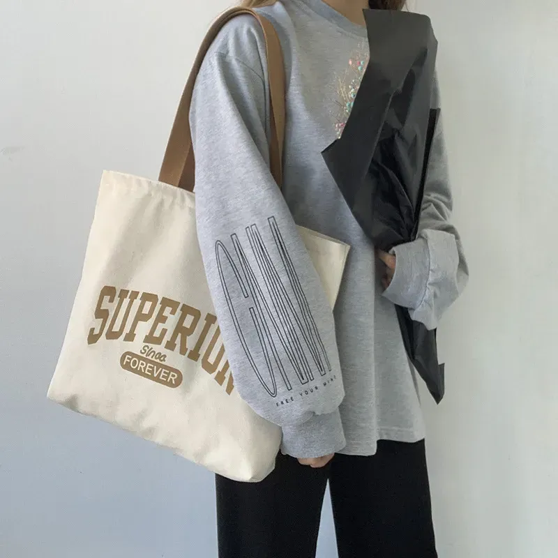 Women Fashionable Simple Letter Print Large Capacity Canvas Tote Bag - Image 6