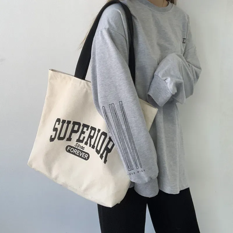 Women Fashionable Simple Letter Print Large Capacity Canvas Tote Bag - Image 8