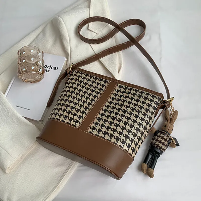 Women Fashion Houndstooth Cartoon Pendant Bucket Shoulder Bag - Image 7