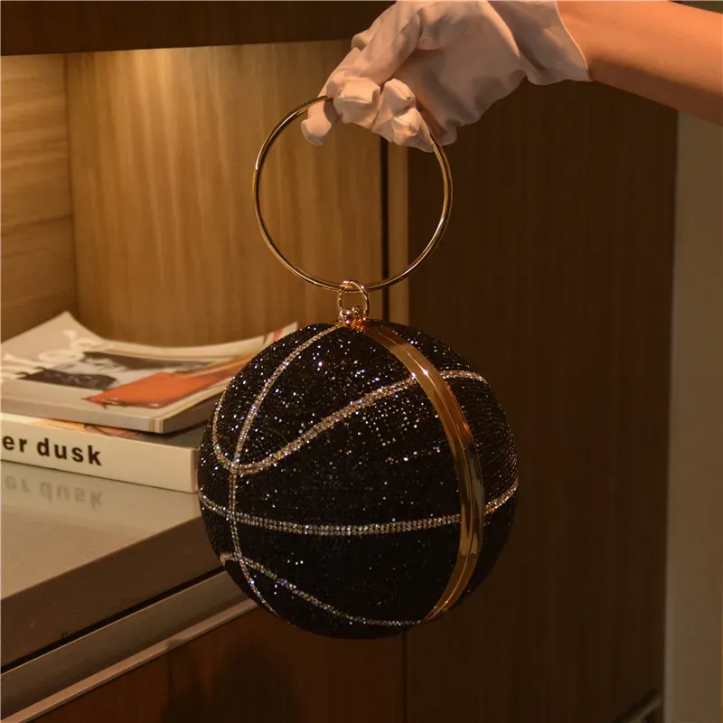Women Fashion Creative Basketball Shape Rhinestone Ring Handle Chain Evening Bag - Image 4